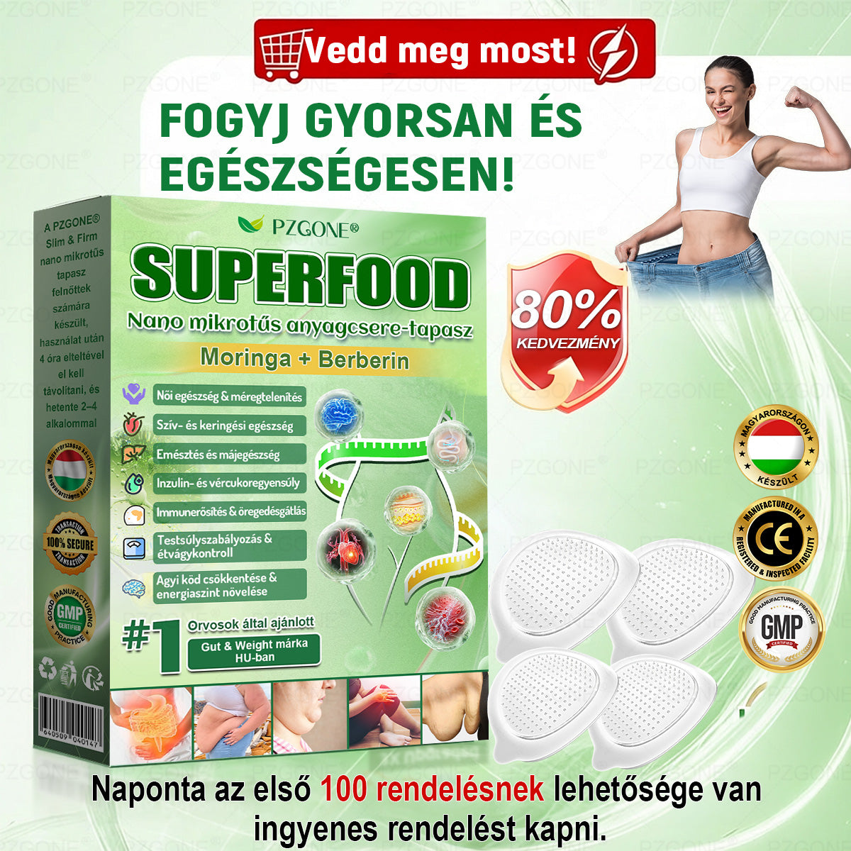 ⭐🎁 𝐏𝐙𝐆𝐎𝐍𝐄® Szuperélelmiszer Nano mikrotűs tapasz | 🇭🇺 A Magyarország és az EU egészségügyi előírásaival összhangban · 👩‍⚕️ Orvosi szakemberek ajánlásával